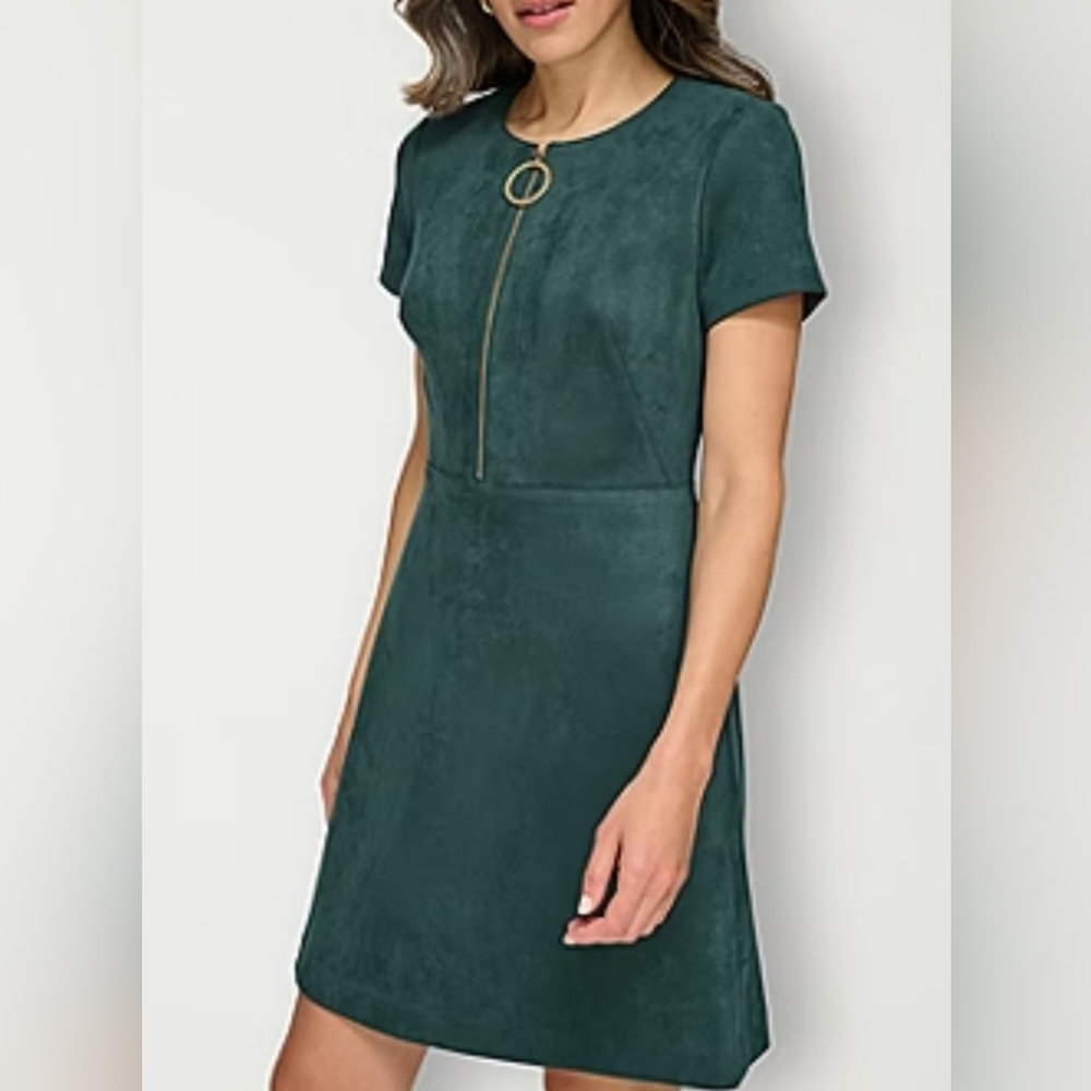 CALVIN KLEIN FAUX SUEDE LOGO RING FRONT ZIPPER SHEATH DRESS